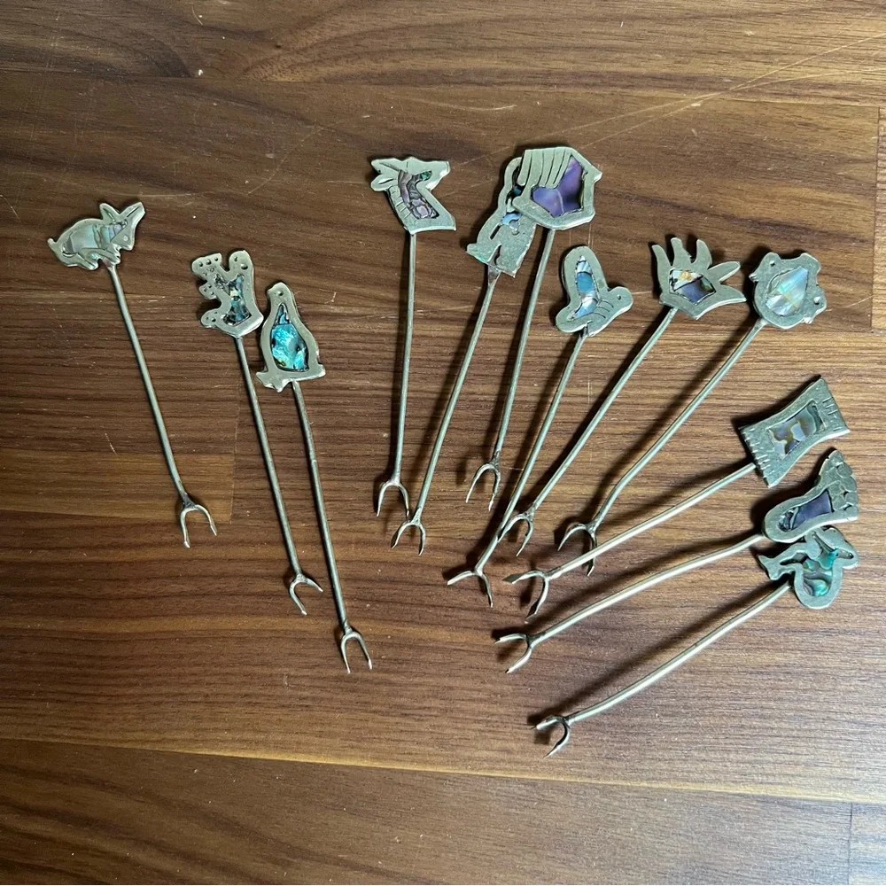 Vintage Set of 12 Abalone Mother of Pearl Inlay Mexican Silver Cocktail Picks